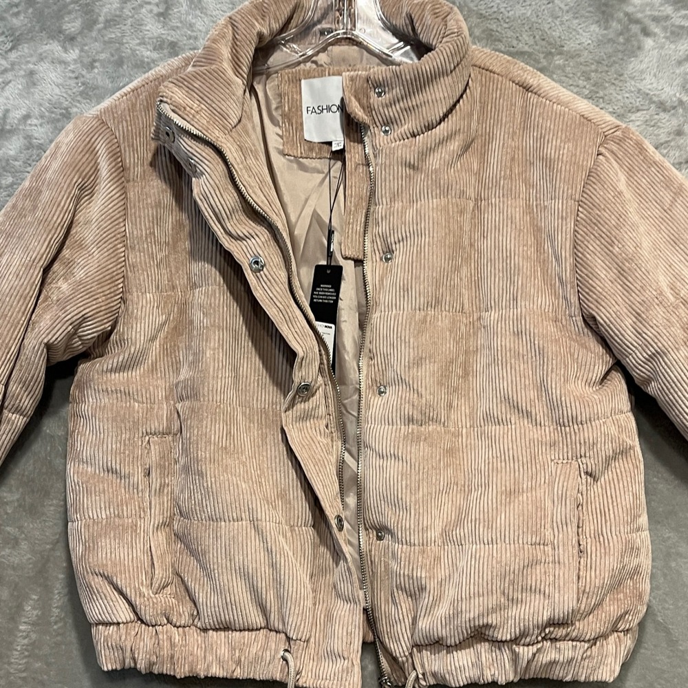 Fashion Nova Puffer Jacket Women Size L Taupe Corduroy Quilted JKJR000350FN - Picture 4 of 8